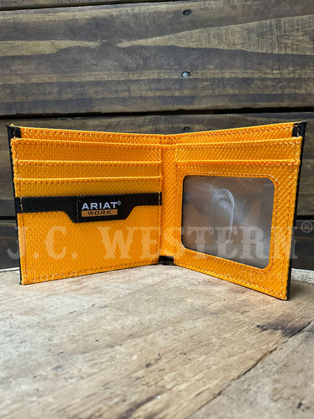 Ariat A3401601 Mens Bifold Born For This Work Wallet American Black inside view. If you need any assistance with this item or the purchase of this item please call us at five six one seven four eight eight eight zero one Monday through Saturday 10:00a.m EST to 8:00 p.m EST