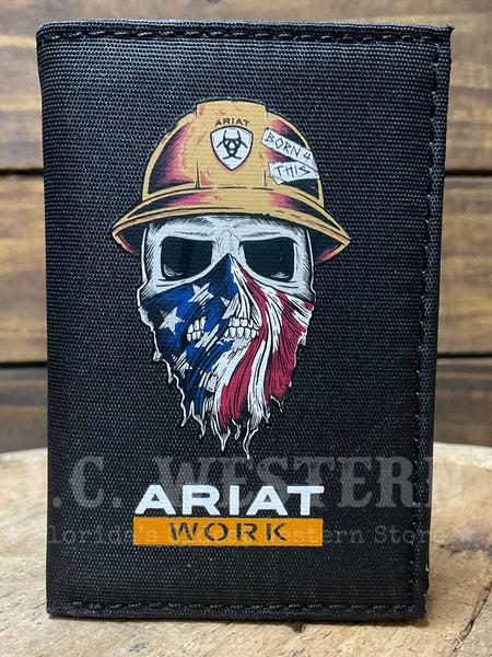 Ariat A3401701 Mens Trifold Born For This Work Wallet American Black front view. If you need any assistance with this item or the purchase of this item please call us at five six one seven four eight eight eight zero one Monday through Saturday 10:00a.m EST to 8:00 p.m EST