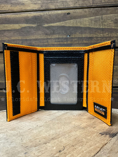 Ariat A3401701 Mens Trifold Born For This Work Wallet American Black inside view. If you need any assistance with this item or the purchase of this item please call us at five six one seven four eight eight eight zero one Monday through Saturday 10:00a.m EST to 8:00 p.m EST