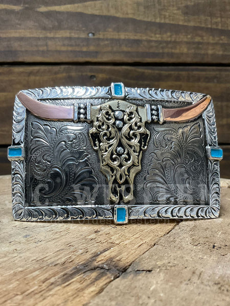 Crumrine C10012 Rectangle Cow Skull Buckle Silver front view. If you need any assistance with this item or the purchase of this item please call us at five six one seven four eight eight eight zero one Monday through Saturday 10:00a.m EST to 8:00 p.m EST