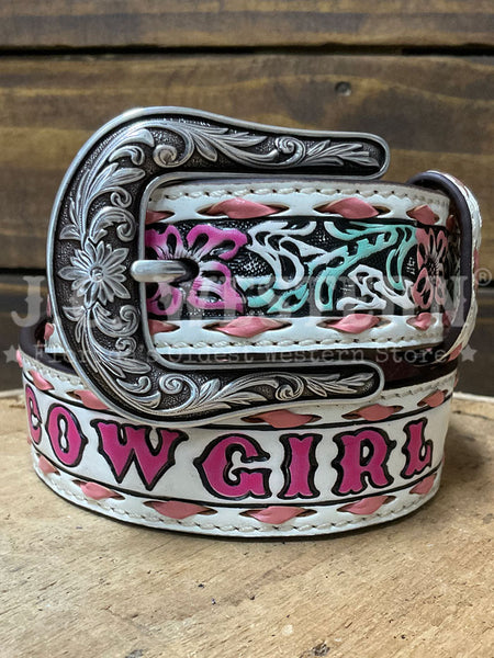 Angel Ranch D130004130 Kids Lil Cowgirl Floral Embossed Belt Pink front view. If you need any assistance with this item or the purchase of this item please call us at five six one seven four eight eight eight zero one Monday through Saturday 10:00a.m EST to 8:00 p.m EST