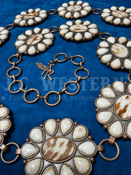 Angel Ranch D140008505 Ladies Copper Scalloped Oval Chain Belt White close up. If you need any assistance with this item or the purchase of this item please call us at five six one seven four eight eight eight zero one Monday through Saturday 10:00a.m EST to 8:00 p.m EST