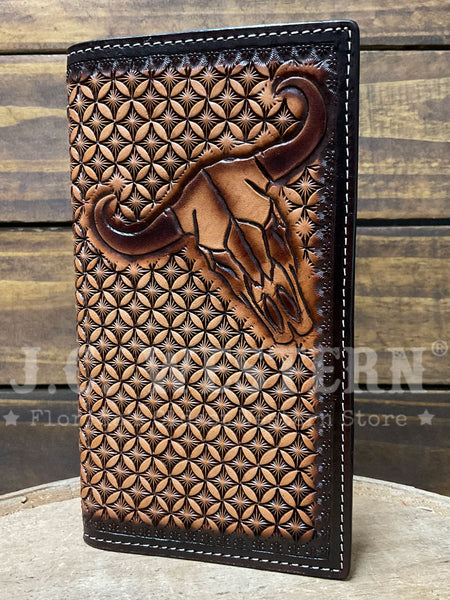 3D D250015302 Mens Hand Tooled Stained Edge Cow Skull Rodeo Wallet Brown Tan front view. If you need any assistance with this item or the purchase of this item please call us at five six one seven four eight eight eight zero one Monday through Saturday 10:00a.m EST to 8:00 p.m EST