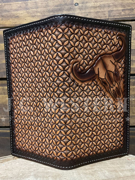 3D D250015302 Mens Hand Tooled Stained Edge Cow Skull Rodeo Wallet Brown Tan outside view. If you need any assistance with this item or the purchase of this item please call us at five six one seven four eight eight eight zero one Monday through Saturday 10:00a.m EST to 8:00 p.m EST