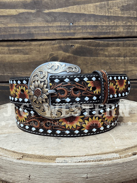 Nocona N320006797 Womens Sunflower Embossed Belt Brown front view. If you need any assistance with this item or the purchase of this item please call us at five six one seven four eight eight eight zero one Monday through Saturday 10:00a.m EST to 8:00 p.m EST