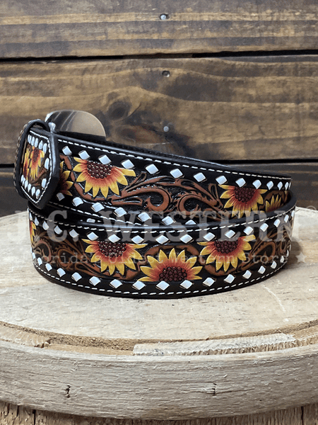 Nocona N320006797 Womens Sunflower Embossed Belt Brown side view. If you need any assistance with this item or the purchase of this item please call us at five six one seven four eight eight eight zero one Monday through Saturday 10:00a.m EST to 8:00 p.m EST