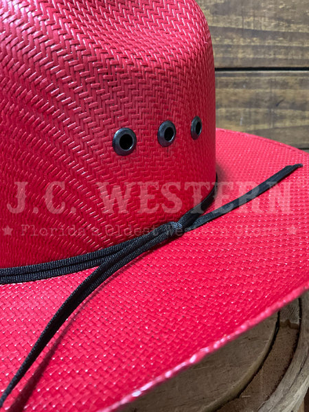 Ariat A7332204 Kids Straw Hat Red close up. If you need any assistance with this item or the purchase of this item please call us at five six one seven four eight eight eight zero one Monday through Saturday 10:00a.m EST to 8:00 p.m EST
