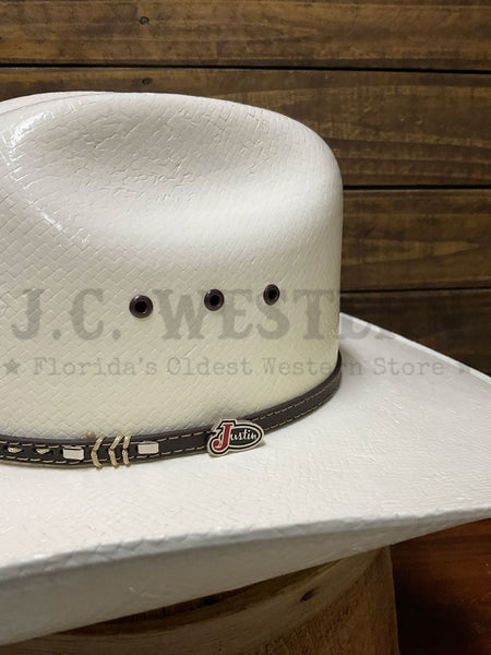 Justin JS1130SWWA44 10X SWEET WATER Straw Cowboy Hat Ivory close up. If you need any assistance with this item or the purchase of this item please call us at five six one seven four eight eight eight zero one Monday through Saturday 10:00a.m EST to 8:00 p.m EST