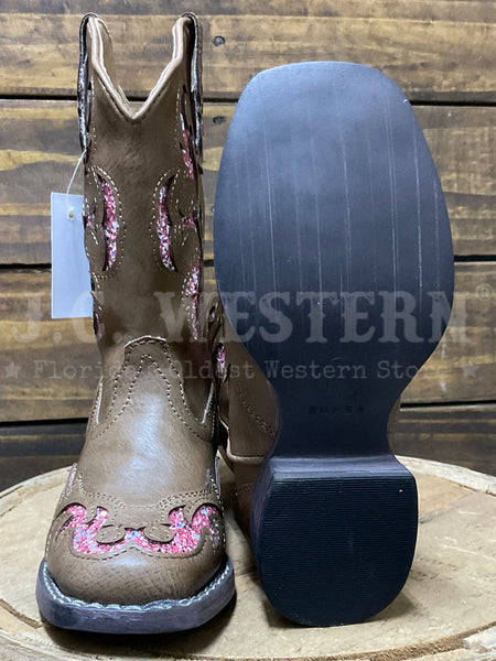 Roper 09-018-1903-2926 Kids Glitter Underlay Boot Pink Tan front and sole view. If you need any assistance with this item or the purchase of this item please call us at five six one seven four eight eight eight zero one Monday through Saturday 10:00a.m EST to 8:00 p.m EST