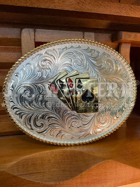Montana Silversmiths 1255-911L Four Aces Classic Western Buckle Silver front view. If you need any assistance with this item or the purchase of this item please call us at five six one seven four eight eight eight zero one Monday through Saturday 10:00a.m EST to 8:00 p.m EST