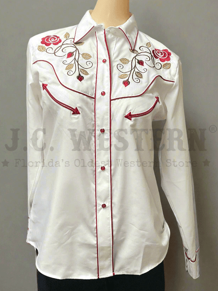 Rangers 051DA01-WHT Womens Long Sleeve Embroidery Western Shirt White front view. If you need any assistance with this item or the purchase of this item please call us at five six one seven four eight eight eight zero one Monday through Saturday 10:00a.m EST to 8:00 p.m EST