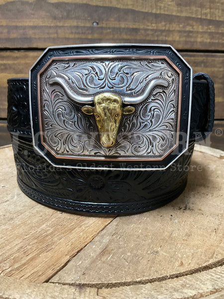 Ariat A1043201 Mens Floral Embossed Tapered Leather Belt Black front view. If you need any assistance with this item or the purchase of this item please call us at five six one seven four eight eight eight zero one Monday through Saturday 10:00a.m EST to 8:00 p.m EST