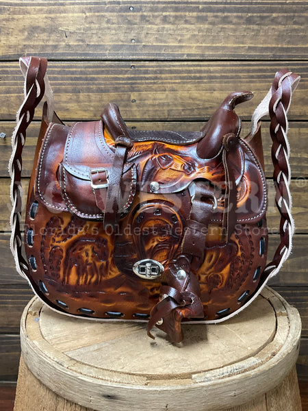 South Bay Leather WS-C Womens Tooled Saddle Purse Chestnut front view. If you need any assistance with this item or the purchase of this item please call us at five six one seven four eight eight eight zero one Monday through Saturday 10:00a.m EST to 8:00 p.m EST