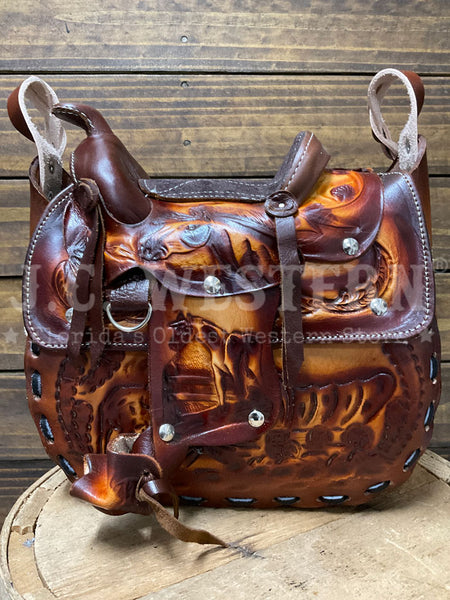 South Bay Leather WS-C Womens Tooled Saddle Purse Chestnut back view. If you need any assistance with this item or the purchase of this item please call us at five six one seven four eight eight eight zero one Monday through Saturday 10:00a.m EST to 8:00 p.m EST