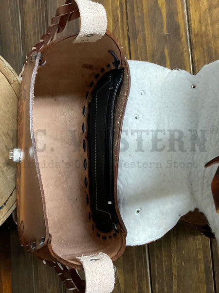 South Bay Leather WS-C Womens Tooled Saddle Purse Chestnut inside view. If you need any assistance with this item or the purchase of this item please call us at five six one seven four eight eight eight zero one Monday through Saturday 10:00a.m EST to 8:00 p.m EST