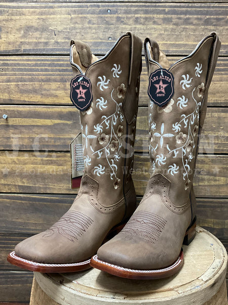 Los Altos 322R6231 Ladies CRAZY Floral Embroidery Boot Tan Bark side / front view. If you need any assistance with this item or the purchase of this item please call us at five six one seven four eight eight eight zero one Monday through Saturday 10:00a.m EST to 8:00 p.m EST