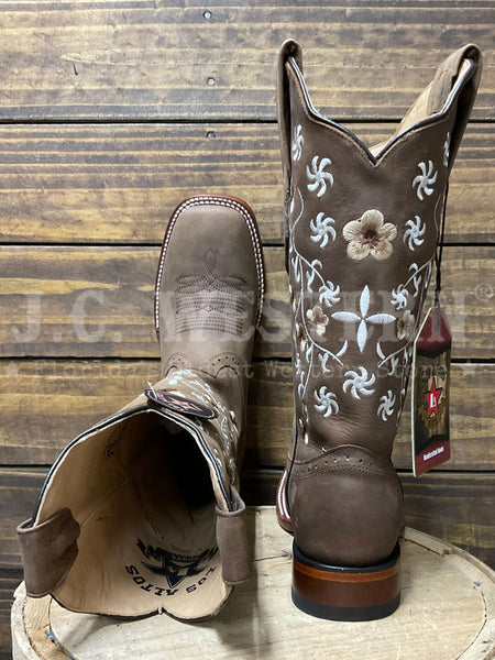 Los Altos 322R6231 Ladies CRAZY Floral Embroidery Boot Tan Bark toe and back view. If you need any assistance with this item or the purchase of this item please call us at five six one seven four eight eight eight zero one Monday through Saturday 10:00a.m EST to 8:00 p.m EST