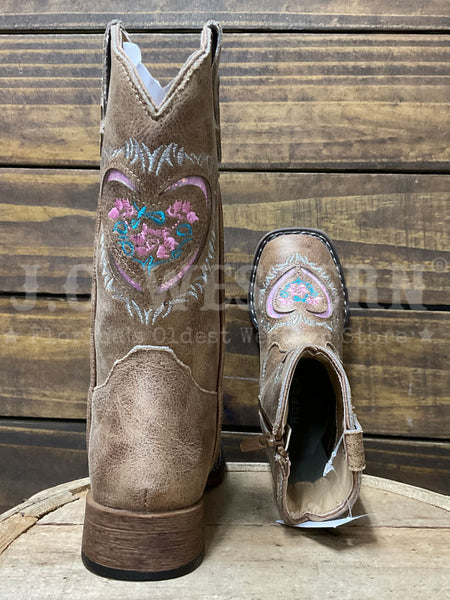 Roper 3623 Kids Glitter Heart Underlay Western Boot Tan Pink back and toe view. If you need any assistance with this item or the purchase of this item please call us at five six one seven four eight eight eight zero one Monday through Saturday 10:00a.m EST to 8:00 p.m EST