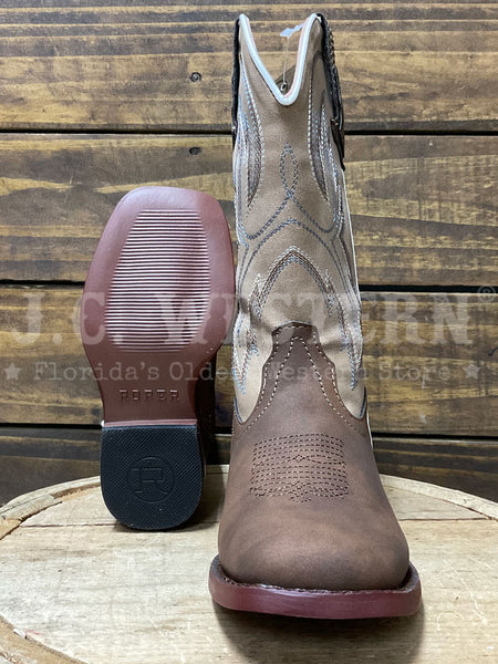 Roper 3368 Kids Western Stitch Boot Brown Tan sole and front view. If you need any assistance with this item or the purchase of this item please call us at five six one seven four eight eight eight zero one Monday through Saturday 10:00a.m EST to 8:00 p.m EST