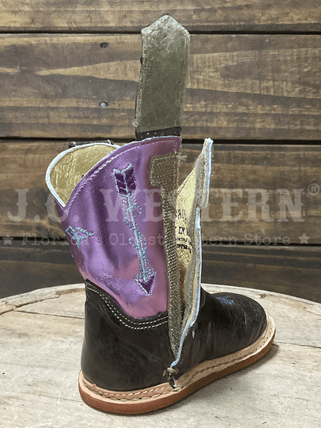 Roper 09-016-7912-8805 Infants Cowbabies Arrows Boot Brown Pink velcro closure view. If you need any assistance with this item or the purchase of this item please call us at five six one seven four eight eight eight zero one Monday through Saturday 10:00a.m EST to 8:00 p.m EST