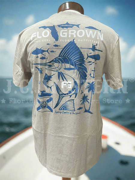 FloGrown FGM-1969 Mens Saltwater Fishing Tee Tan back view. If you need any assistance with this item or the purchase of this item please call us at five six one seven four eight eight eight zero one Monday through Saturday 10:00a.m EST to 8:00 p.m EST