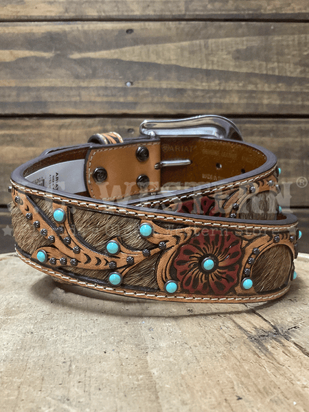 Ariat A1533008 Womens Calf Hair Underlay Tooled Belt Tan back view. If you need any assistance with this item or the purchase of this item please call us at five six one seven four eight eight eight zero one Monday through Saturday 10:00a.m EST to 8:00 p.m EST