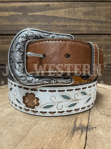 Ariat A1568305 Womens Flowers And Leaves Belt White front view. If you need any assistance with this item or the purchase of this item please call us at five six one seven four eight eight eight zero one Monday through Saturday 10:00a.m EST to 8:00 p.m EST