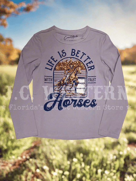 Cruel Denim CTK8990006 Kids Life Is Better With Fast Horses Long Sleeve Tee Lilac front view. If you need any assistance with this item or the purchase of this item please call us at five six one seven four eight eight eight zero one Monday through Saturday 10:00a.m EST to 8:00 p.m EST
