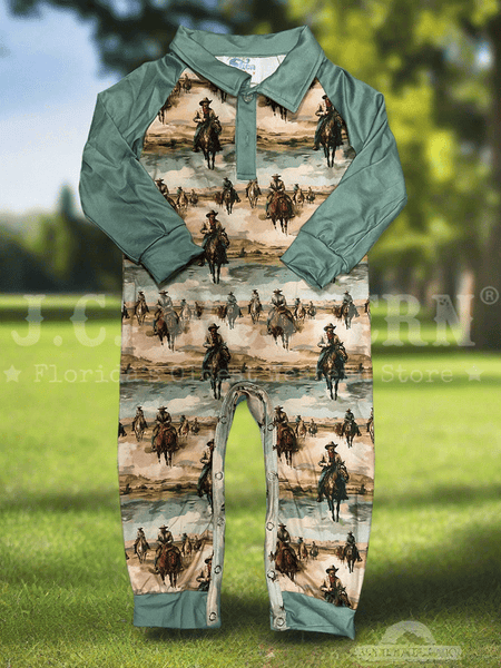 Shea Baby LSROM22 Kids Sunrise Cowboy Long Sleeve Romper Teal front view. If you need any assistance with this item or the purchase of this item please call us at five six one seven four eight eight eight zero one Monday through Saturday 10:00a.m EST to 8:00 p.m EST