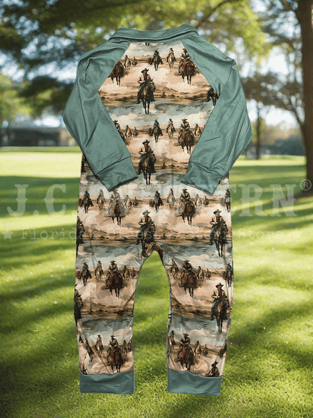 Shea Baby LSROM22 Kids Sunrise Cowboy Long Sleeve Romper Teal back view. If you need any assistance with this item or the purchase of this item please call us at five six one seven four eight eight eight zero one Monday through Saturday 10:00a.m EST to 8:00 p.m EST