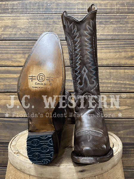 Circle G L8014 Ladies Embroidery Western Boot Dark Brown sole and front view. If you need any assistance with this item or the purchase of this item please call us at five six one seven four eight eight eight zero one Monday through Saturday 10:00a.m EST to 8:00 p.m EST