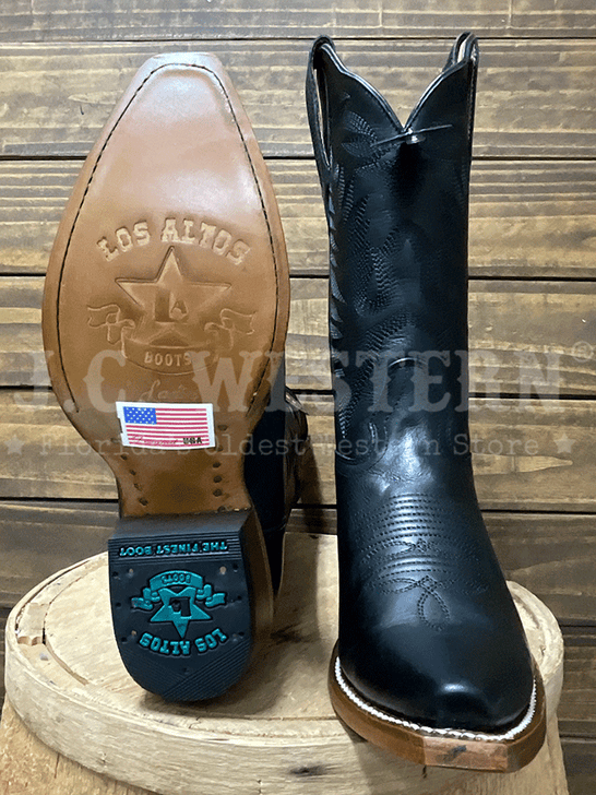 Los Altos 34M8905 Ladies VERGEL Snip Toe Western Boot Black sole and front view. If you need any assistance with this item or the purchase of this item please call us at five six one seven four eight eight eight zero one Monday through Saturday 10:00a.m EST to 8:00 p.m EST