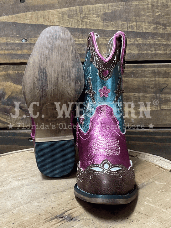 Roper 09-017-1566-3646 Toddlers Fashion Underlay Snip Toe Boot Pink front and sole view. If you need any assistance with this item or the purchase of this item please call us at five six one seven four eight eight eight zero one Monday through Saturday 10:00a.m EST to 8:00 p.m EST