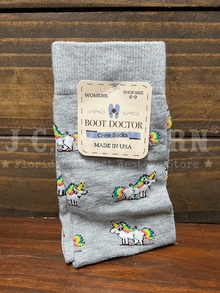 Boot Doctor 0421606 Ladies Crew Rainbow Unicorn Socks Grey front view. If you need any assistance with this item or the purchase of this item please call us at five six one seven four eight eight eight zero one Monday through Saturday 10:00a.m EST to 8:00 p.m EST