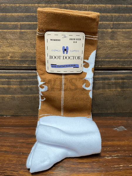 Boot Doctor 0422308 Ladies Over The Calf Boot Stitch Socks Tan And White front view. If you need any assistance with this item or the purchase of this item please call us at five six one seven four eight eight eight zero one Monday through Saturday 10:00a.m EST to 8:00 p.m EST
