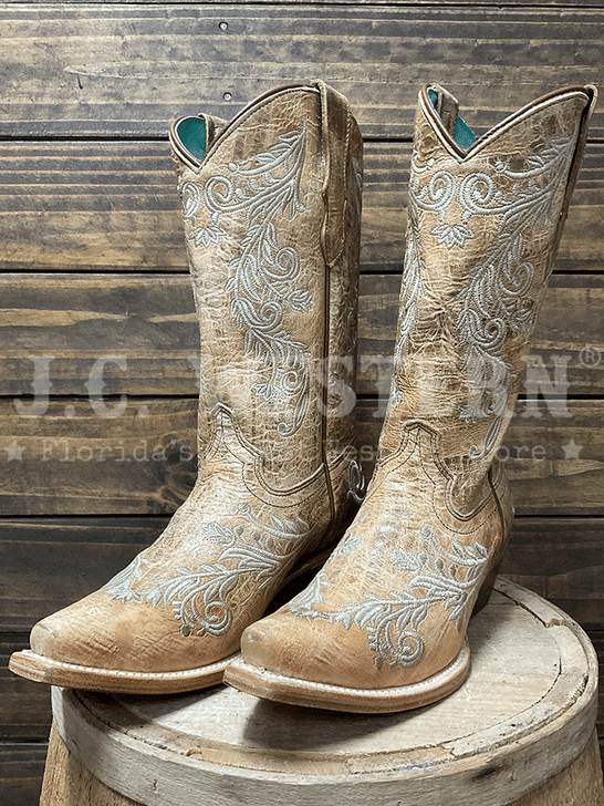 Corral T0232 Kids Floral Embroidery Snip Toe Boot Tan side / front view pair. If you need any assistance with this item or the purchase of this item please call us at five six one seven four eight eight eight zero one Monday through Saturday 10:00a.m EST to 8:00 p.m EST