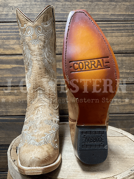 Corral T0232 Kids Floral Embroidery Snip Toe Boot Tan front and sole view. If you need any assistance with this item or the purchase of this item please call us at five six one seven four eight eight eight zero one Monday through Saturday 10:00a.m EST to 8:00 p.m EST