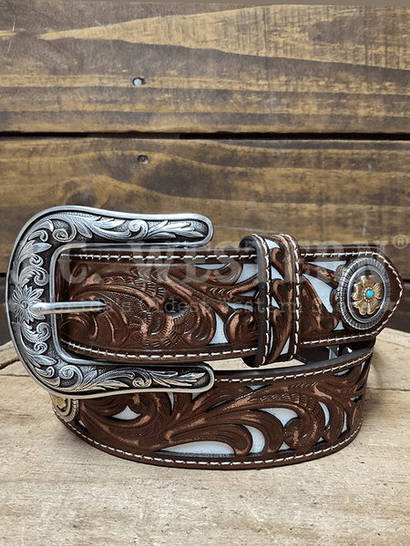 Nocona N320007702 Womens Floral Filigree Underlay Brown and White front view. If you need any assistance with this item or the purchase of this item please call us at five six one seven four eight eight eight zero one Monday through Saturday 10:00a.m EST to 8:00 p.m EST