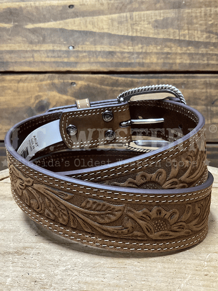 Ariat A1012402 Mens Tooled Double Stitch Leather Belt Brown back view. If you need any assistance with this item or the purchase of this item please call us at five six one seven four eight eight eight zero one Monday through Saturday 10:00a.m EST to 8:00 p.m EST