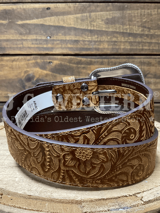 Ariat A1568702 Womens Floral Embossed Western Belt Brown back view. If you need any assistance with this item or the purchase of this item please call us at five six one seven four eight eight eight zero one Monday through Saturday 10:00a.m EST to 8:00 p.m EST