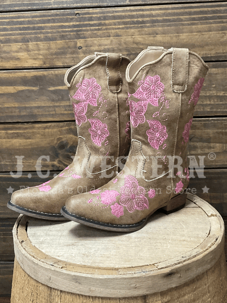 Roper 09-018-0191-3695 Kids Riley Flowers Western Boot Tan front and side view of pair. If you need any assistance with this item or the purchase of this item please call us at five six one seven four eight eight eight zero one Monday through Saturday 10:00a.m EST to 8:00 p.m EST