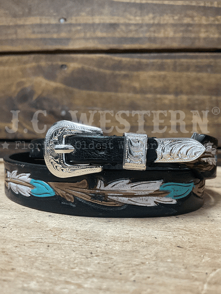 Twister 0280901 Hand Tooled Painted Feathers Hat Band Black front view. If you need any assistance with this item or the purchase of this item please call us at five six one seven four eight eight eight zero one Monday through Saturday 10:00a.m EST to 8:00 p.m EST