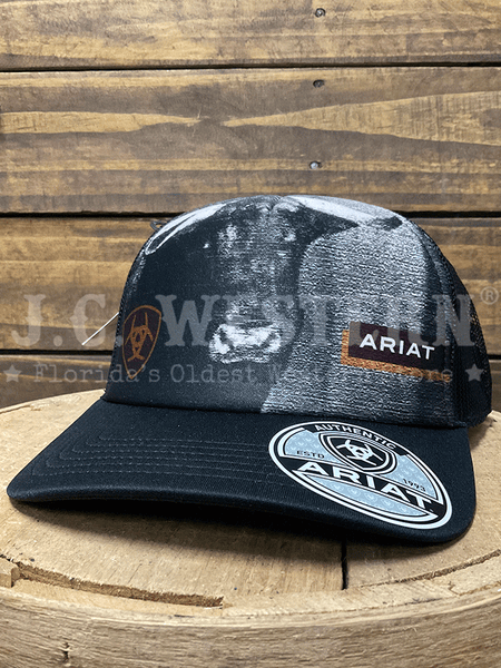 Ariat A300093801 Snapback Bull Print Cap Black front view. If you need any assistance with this item or the purchase of this item please call us at five six one seven four eight eight eight zero one Monday through Saturday 10:00a.m EST to 8:00 p.m EST