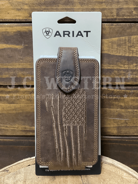 Ariat A0603002 Large Stitched USA Flag Cell Case Brown front view. If you need any assistance with this item or the purchase of this item please call us at five six one seven four eight eight eight zero one Monday through Saturday 10:00a.m EST to 8:00 p.m EST