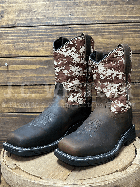 Old West WB1006 WB1006Y Kids Square Toe Western Boot Brown side view pair. If you need any assistance with this item or the purchase of this item please call us at five six one seven four eight eight eight zero one Monday through Saturday 10:00a.m EST to 8:00 p.m EST