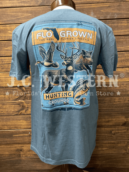 FloGrown FGM1-1087 Mens Hunting Grounds Tee Heather Blue back view. If you need any assistance with this item or the purchase of this item please call us at five six one seven four eight eight eight zero one Monday through Saturday 10:00a.m EST to 8:00 p.m EST
