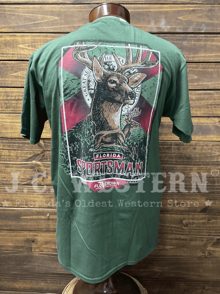 FloGrown FGM-1977 Mens Deer Sportsman Tee Olive back view. If you need any assistance with this item or the purchase of this item please call us at five six one seven four eight eight eight zero one Monday through Saturday 10:00a.m EST to 8:00 p.m EST