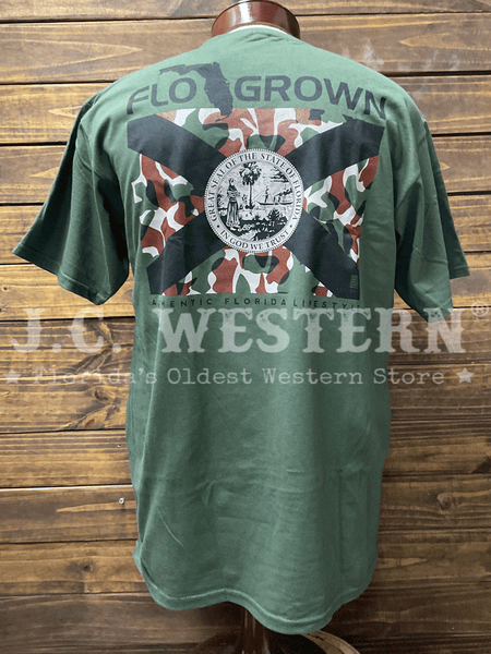 FloGrown FGM1-1067 Mens Florida Outdoor Camo Tee Olive back view. If you need any assistance with this item or the purchase of this item please call us at five six one seven four eight eight eight zero one Monday through Saturday 10:00a.m EST to 8:00 p.m EST