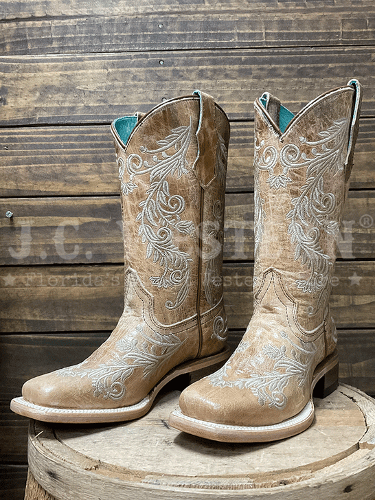 Corral T0239 Teens Floral Embroidery Square Toe Boot Tan front view. If you need any assistance with this item or the purchase of this item please call us at five six one seven four eight eight eight zero one Monday through Saturday 10:00a.m EST to 8:00 p.m EST