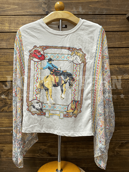 Zutter K3569-9556-BN Womens Cowboy Motif Kaftan Long Sleeve Tee Bone front view. If you need any assistance with this item or the purchase of this item please call us at five six one seven four eight eight eight zero one Monday through Saturday 10:00a.m EST to 8:00 p.m EST